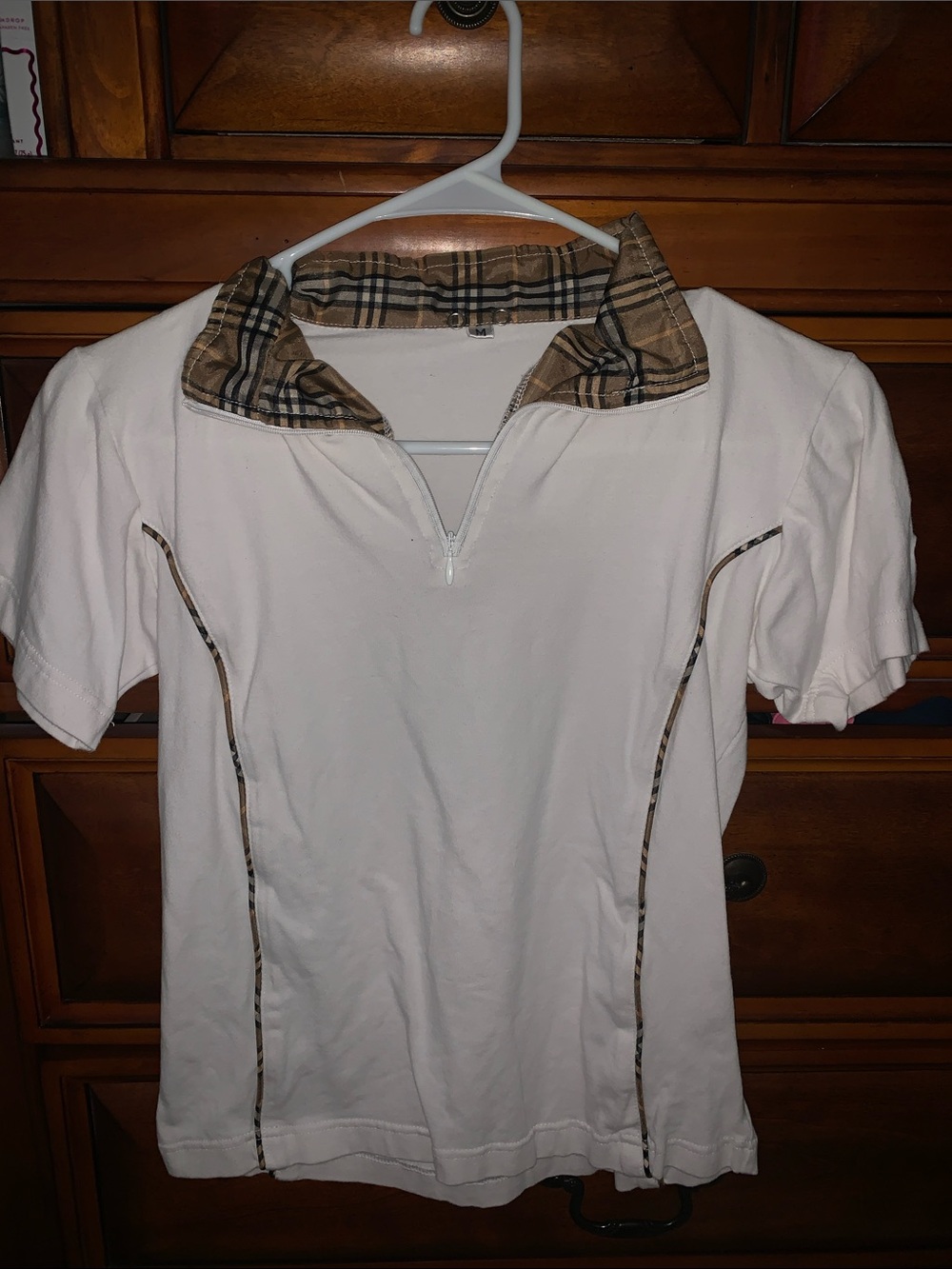 Ladies White Short-Sleeve Polo with Plaid Trim